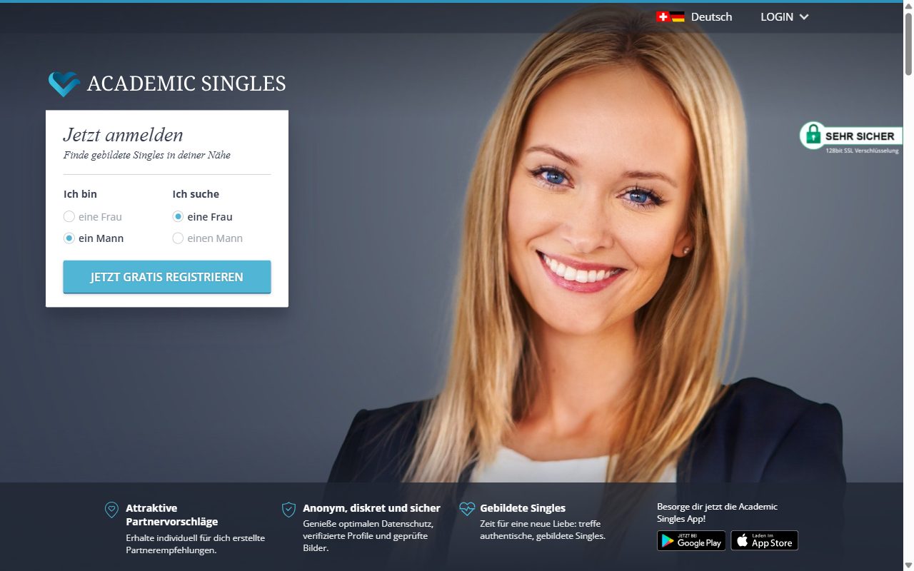 Startseite von academicsingles.ch mit Anmeldeformular