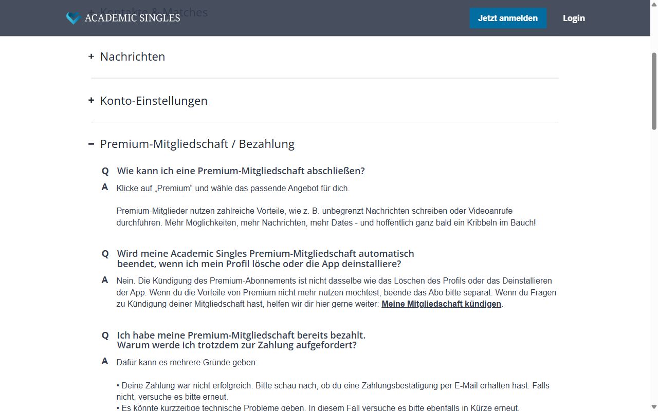 FAQ Academic Singles, Bereich Premium-Mitgliedschaft und Bezahlung