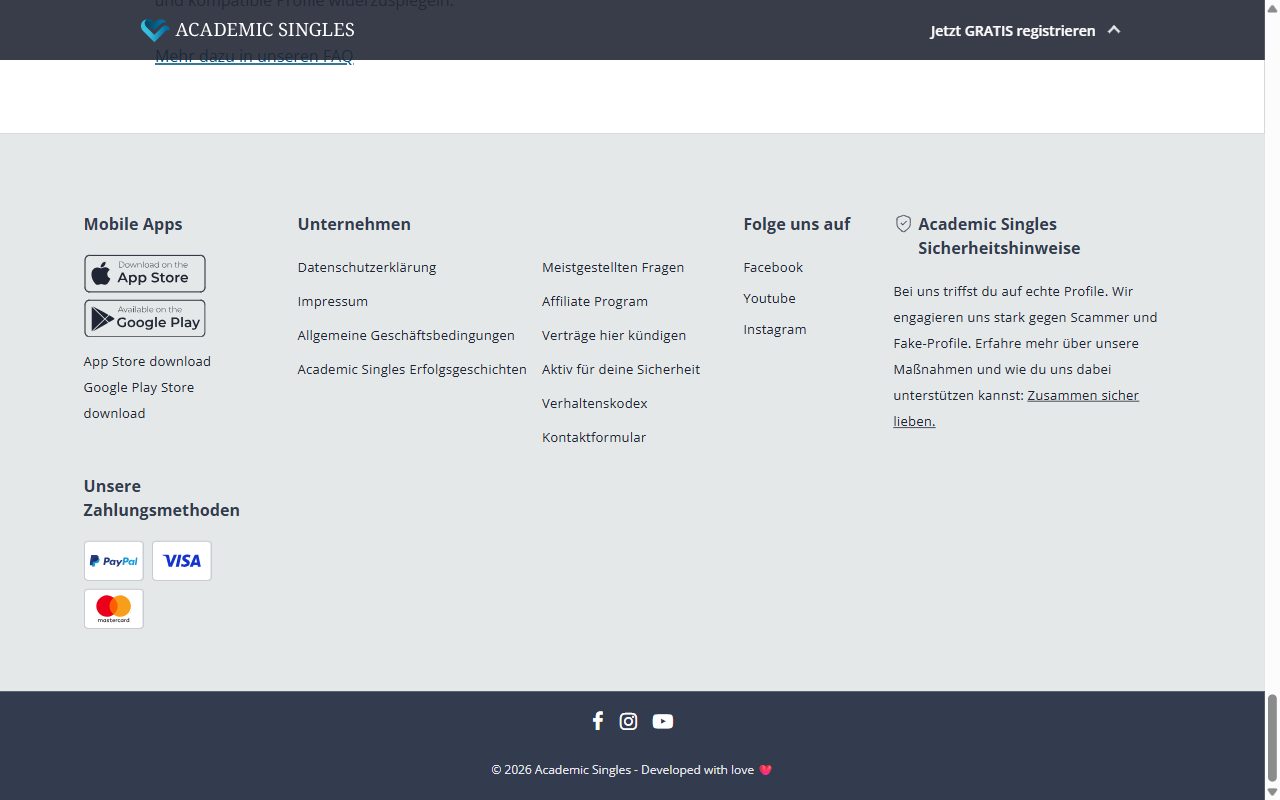 Fusszeile von academicsingles.ch mit Zahlungsmethoden und Link Verträge hier kündigen