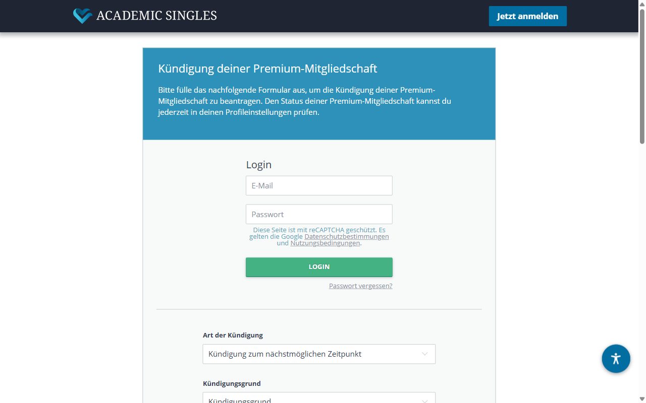 Kündigungsformular der Premium-Mitgliedschaft bei Academic Singles