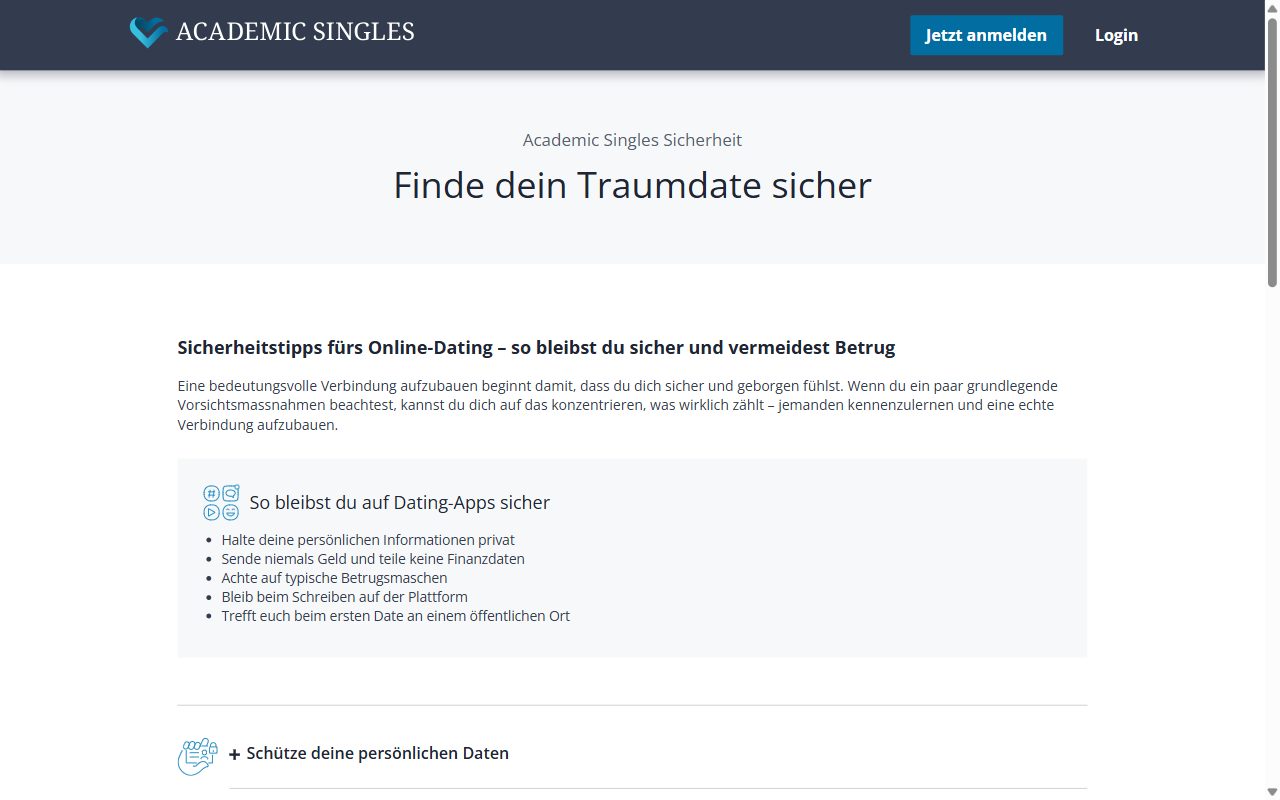 Sicherheitsseite von Academic Singles